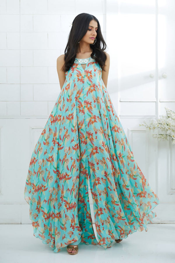 Aqua Printed Embellished Jumpsuit