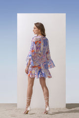 Spandex Blue Multi Printed Bodysuit With Cape