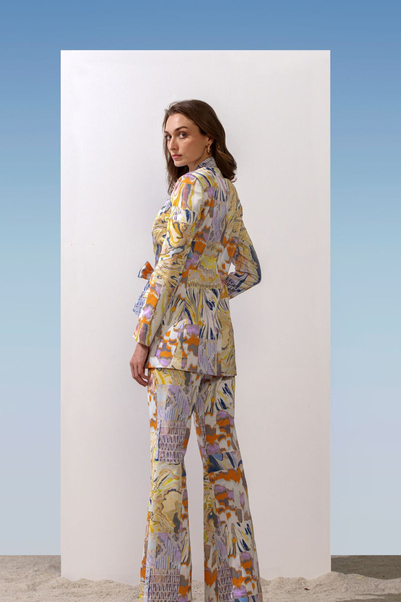 Satin yellow printed jacket set
