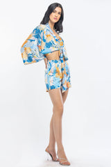 Blue kimono Tie-up shorts set