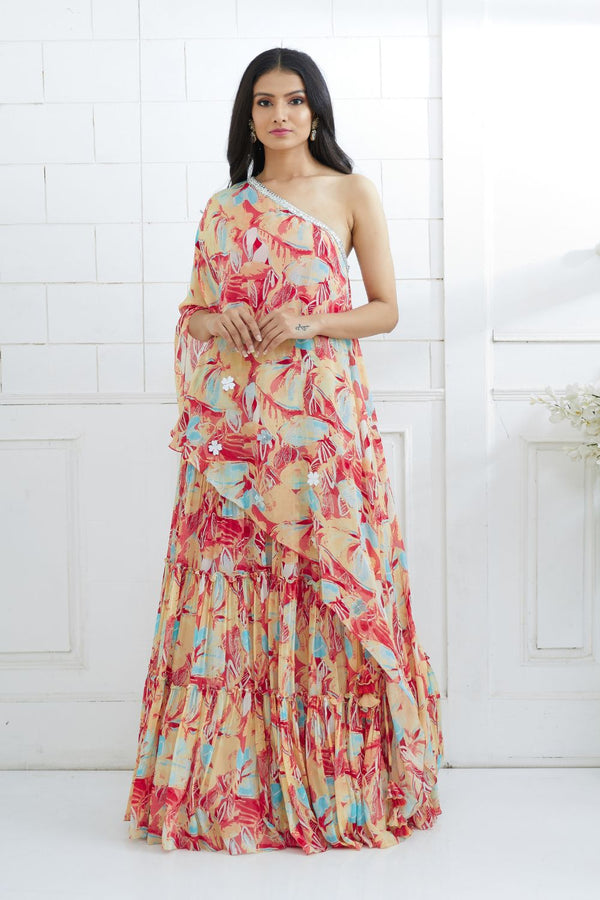 One Shoulder Printed Top With Lehenga
