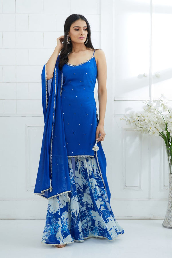 Royal Blue Embroidered Kurta and Sharara Set