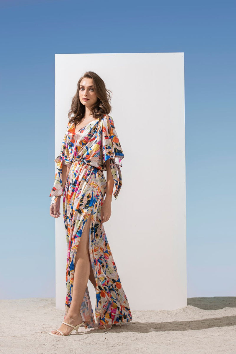 Satin geometric kaftan dress