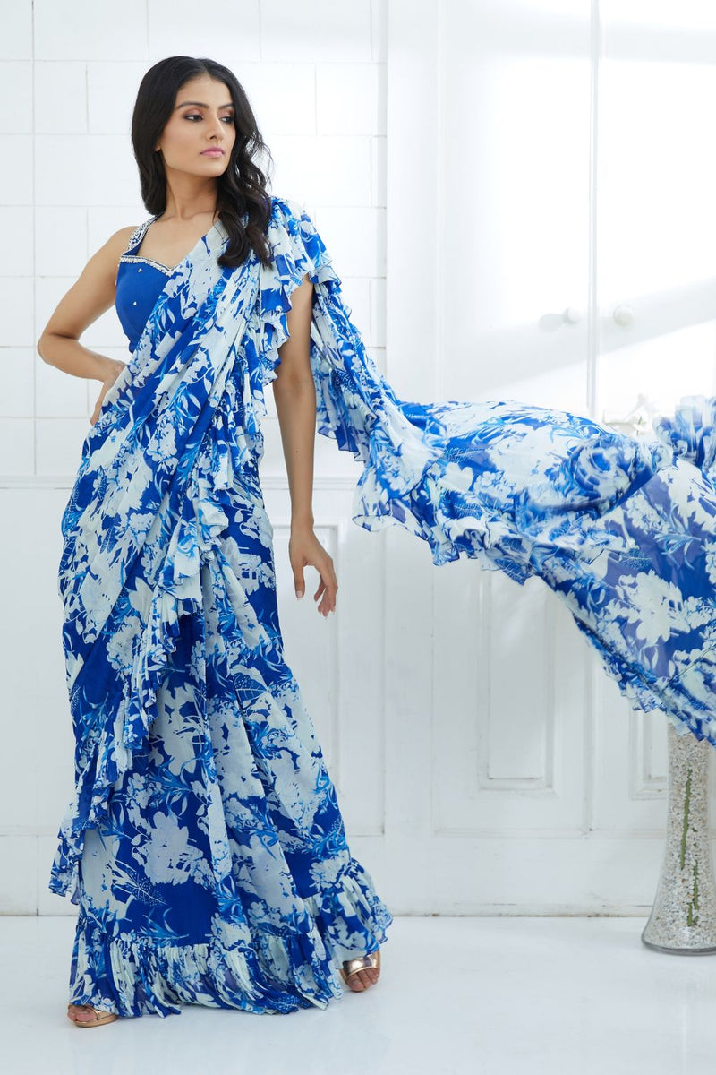 Blue Embroidered Printed Ruffle Saree