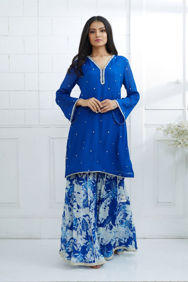 Royal Blue Kurta With Printed Sharara