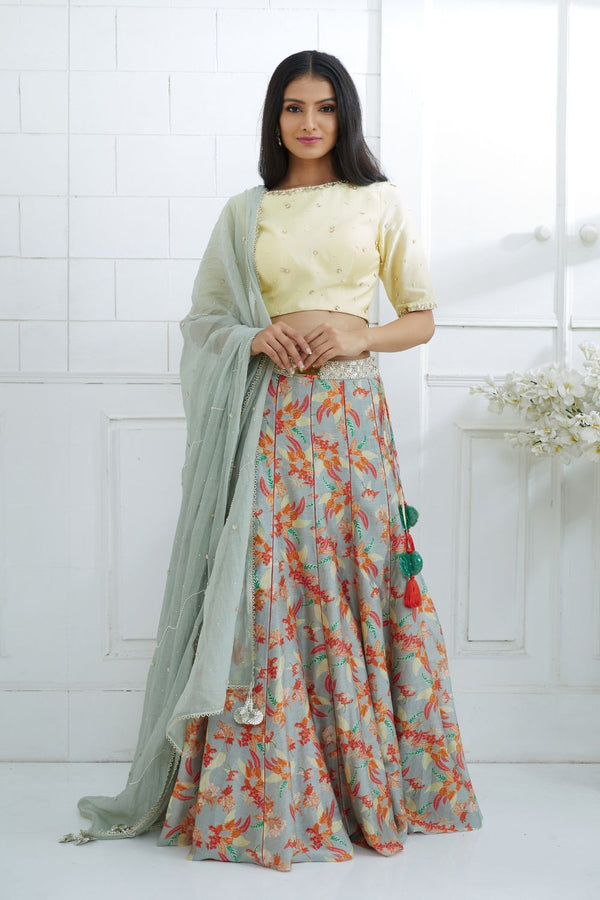 Pale Yellow Printed Lehenga Set