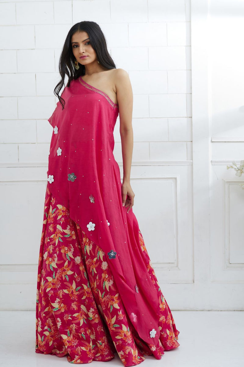 D.fuchsia A-symmetric Embroidered Tunic Set