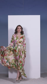 Satin multi green printed dress