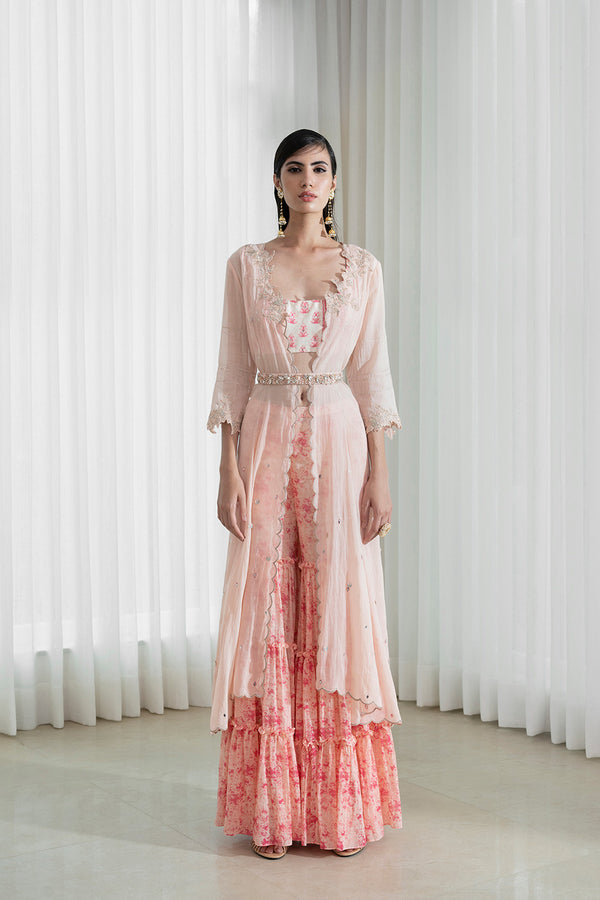 Jacket-sharara set with printed blouse