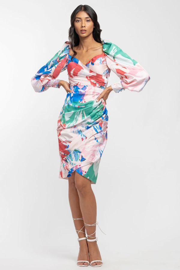 Satin Printed Draped Dress