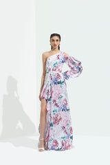 Iris Printed One Off Shoulder High Low Dress