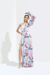 Iris Printed One Off Shoulder High Low Dress