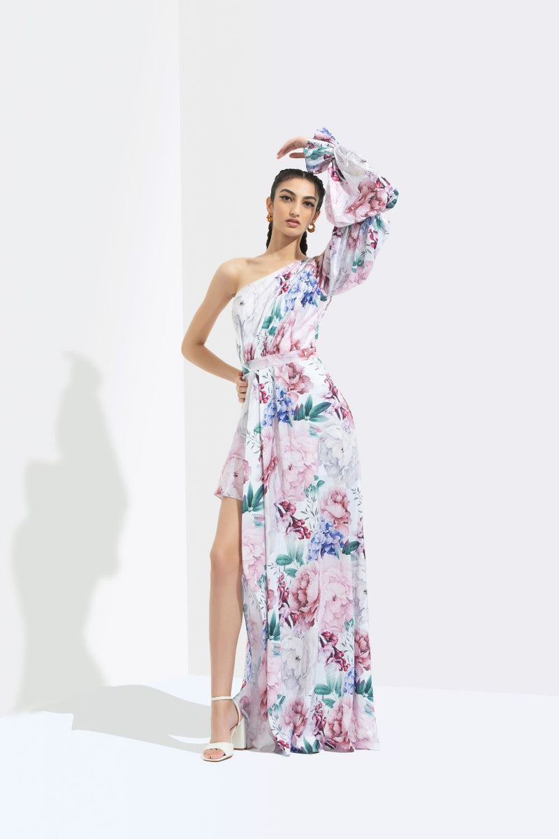 Iris Printed One Off Shoulder High Low Dress