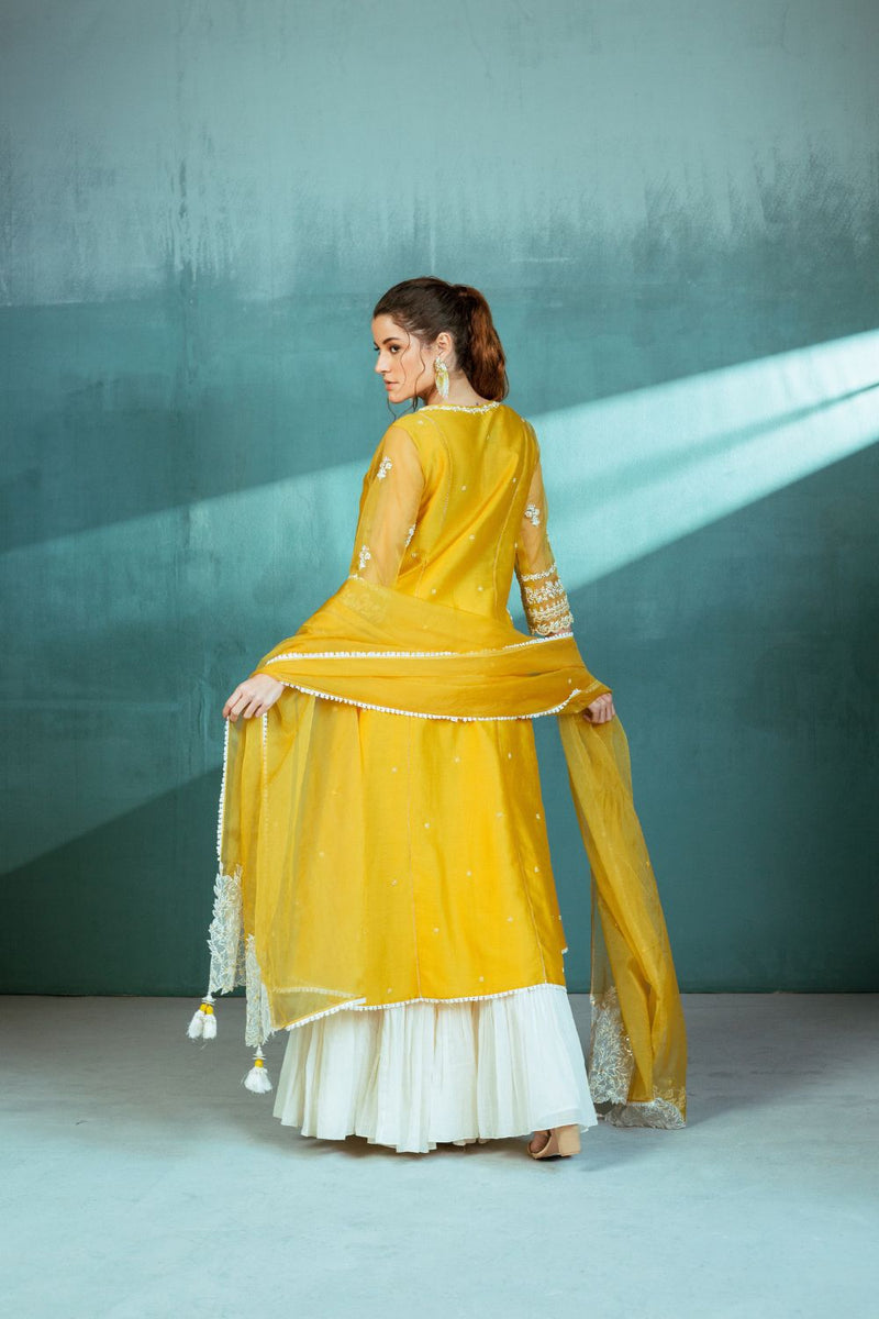 Mustard Chanderi Godet Kurta Sharara Set