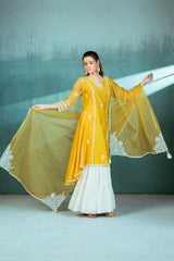 Mustard Chanderi Godet Kurta Sharara Set