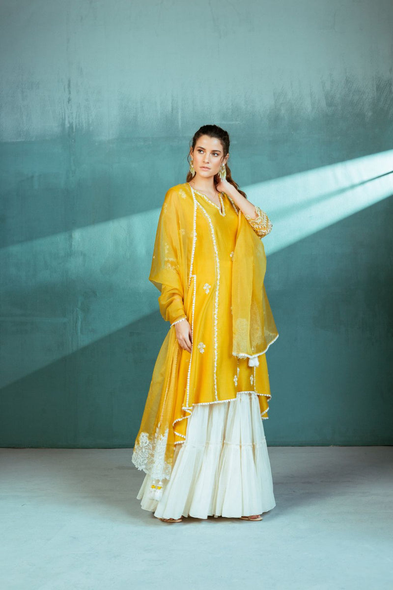 Mustard Chanderi Godet Kurta Sharara Set