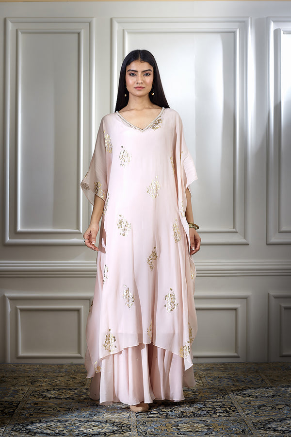 Peach Foil Printed Embellished Kaftan With Sharara