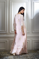 Peach Foil Printed Embellished Kaftan With Sharara