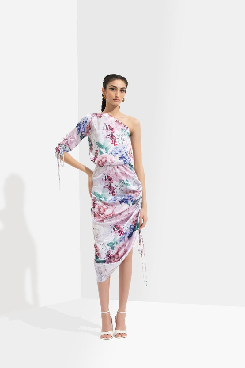 Iris Printed One Off Shoulder Short Dress