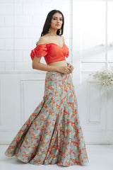 Orange Off Shoulder Printed Lehenga