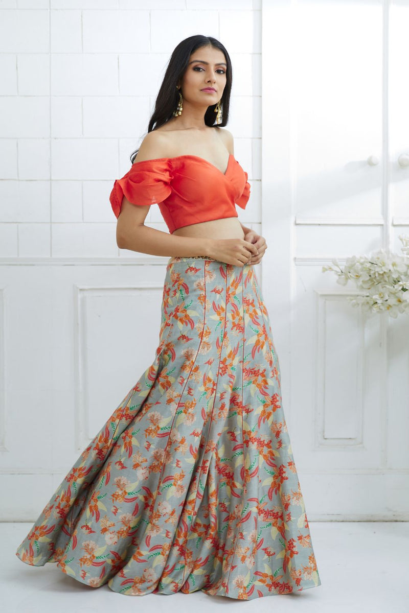 Orange Off Shoulder Printed Lehenga