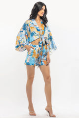 Blue kimono Tie-up shorts set
