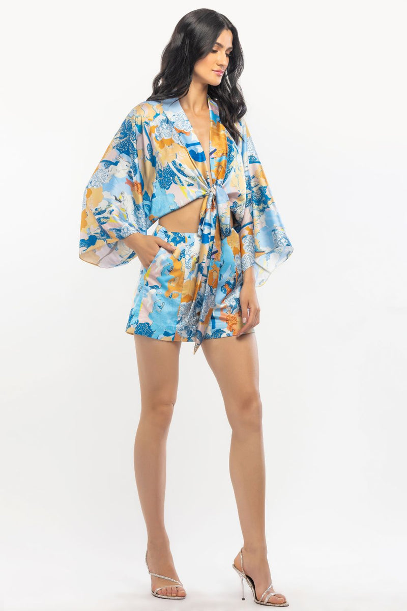 Blue kimono Tie-up shorts set
