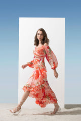 Chiiffon coral printed layered dress