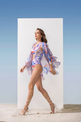 Spandex Blue Multi Printed Bodysuit With Cape