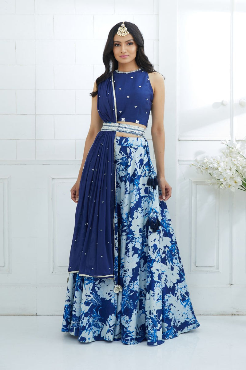 Blue Embroidered Printed Lehenga Set