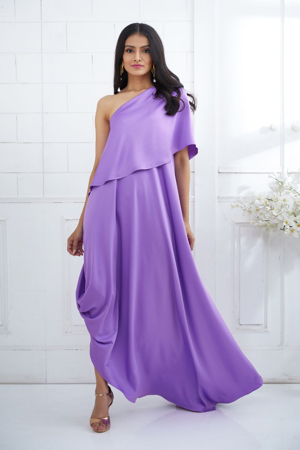 Lilac One Shoulder Cape Dress