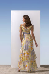 Chiffon Yellow Mutli Printed Tie Shoulder Dress