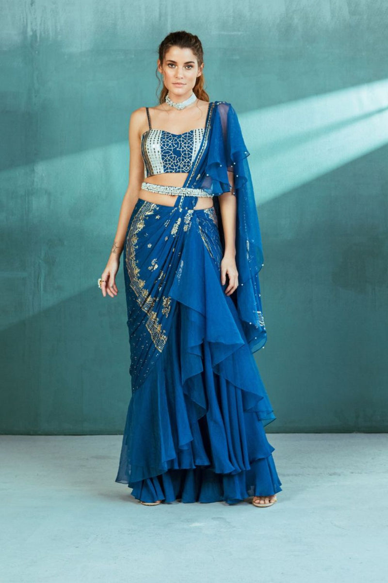 Blue Chiffon Draped Saree Set