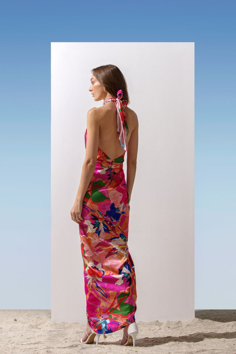 Satin multi pink printed halter dress