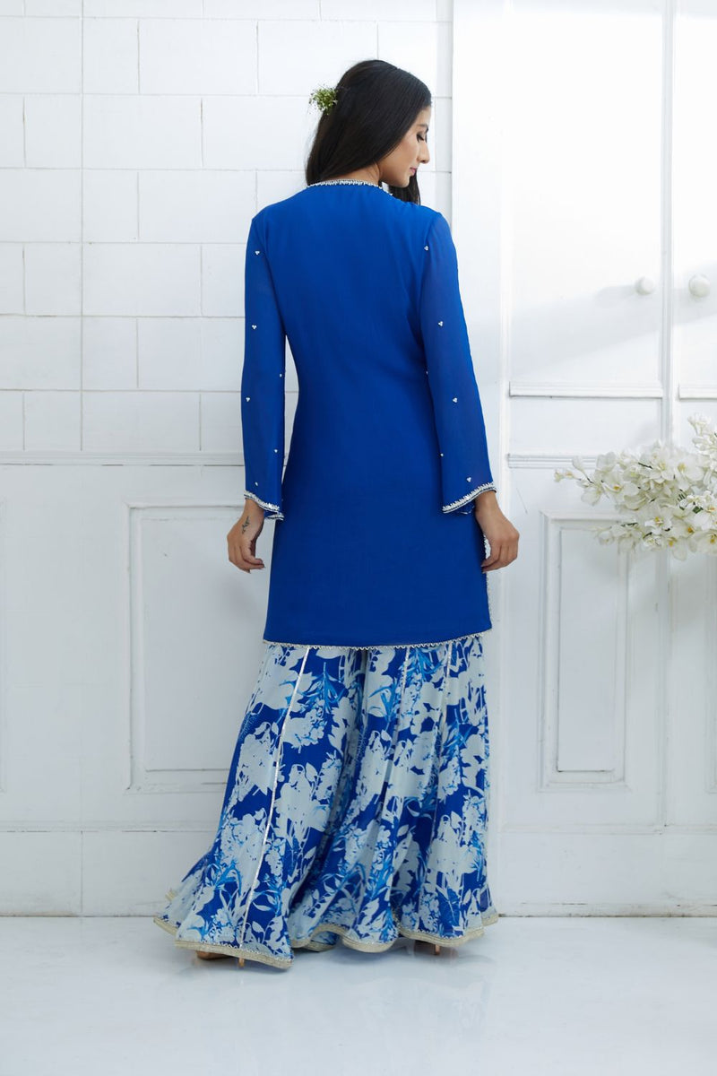 Royal Blue Kurta With Printed Sharara