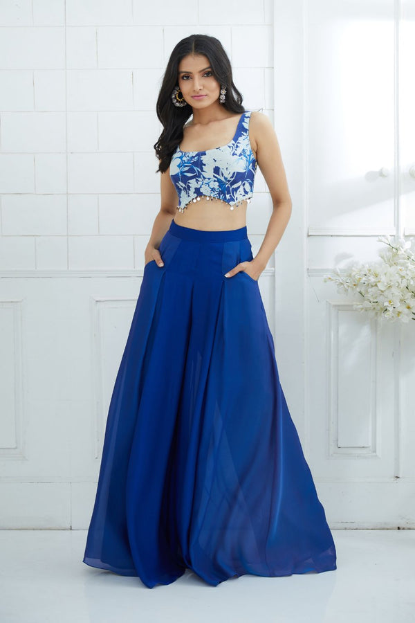 Blue Printed Blouse With Ombre Pleated Palazzo