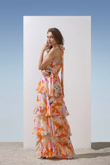 Chiffon orange printed halter tiered dress
