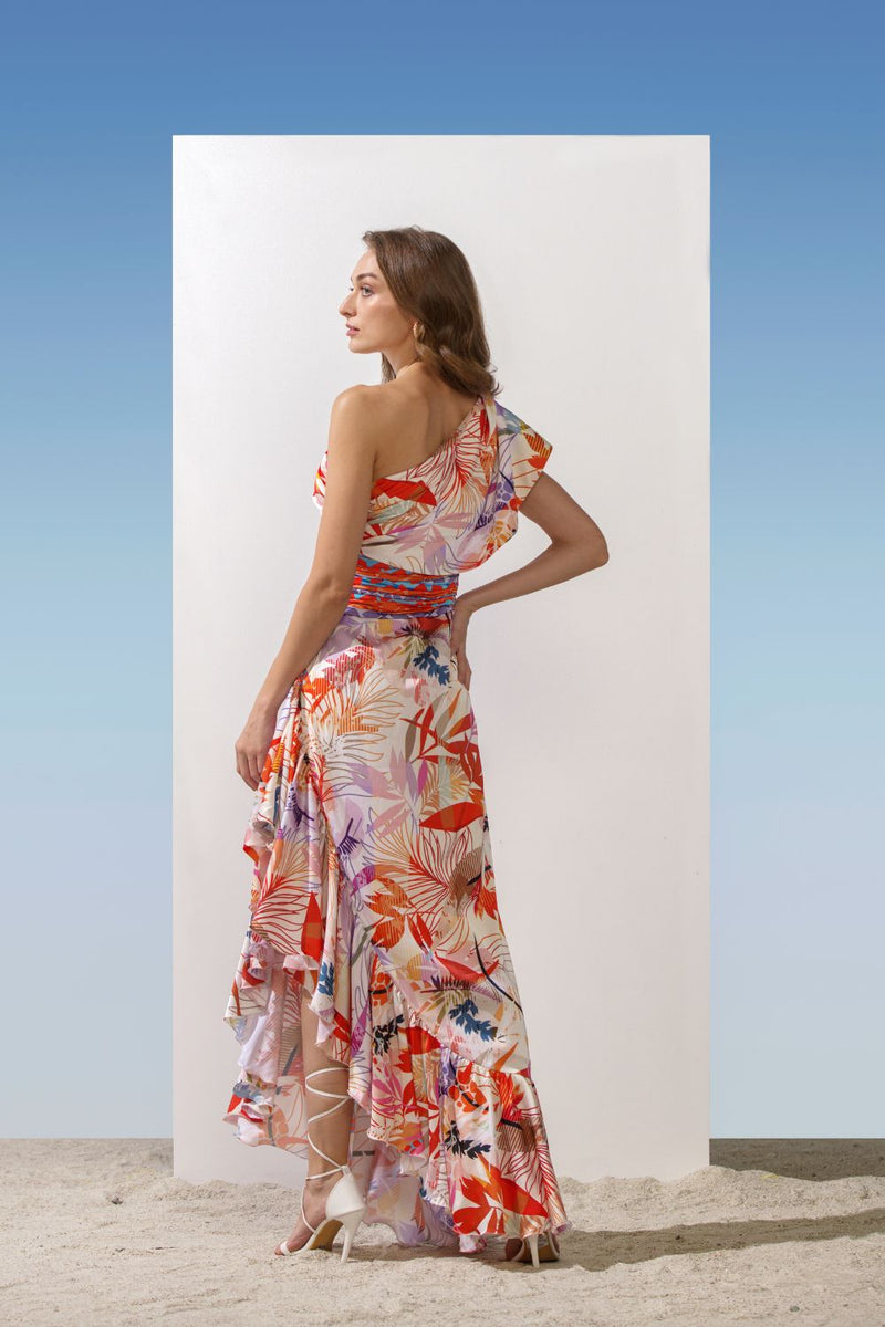 Satin Orange Multi Printed One Shoulder Dress