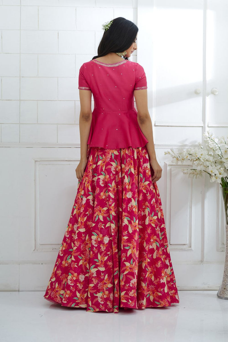 Fuchsia Embroidered Peplum With Printed Lehenga