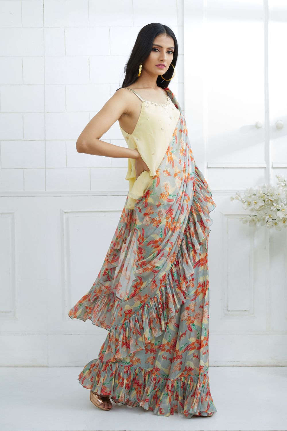 Arpita Mehta Garden Print Ruffle Saree With Blouse | Green, Floral,  Georgette, V Neck, Sleeveless | Blouses for women, Ruffle saree, Pleated  blouse