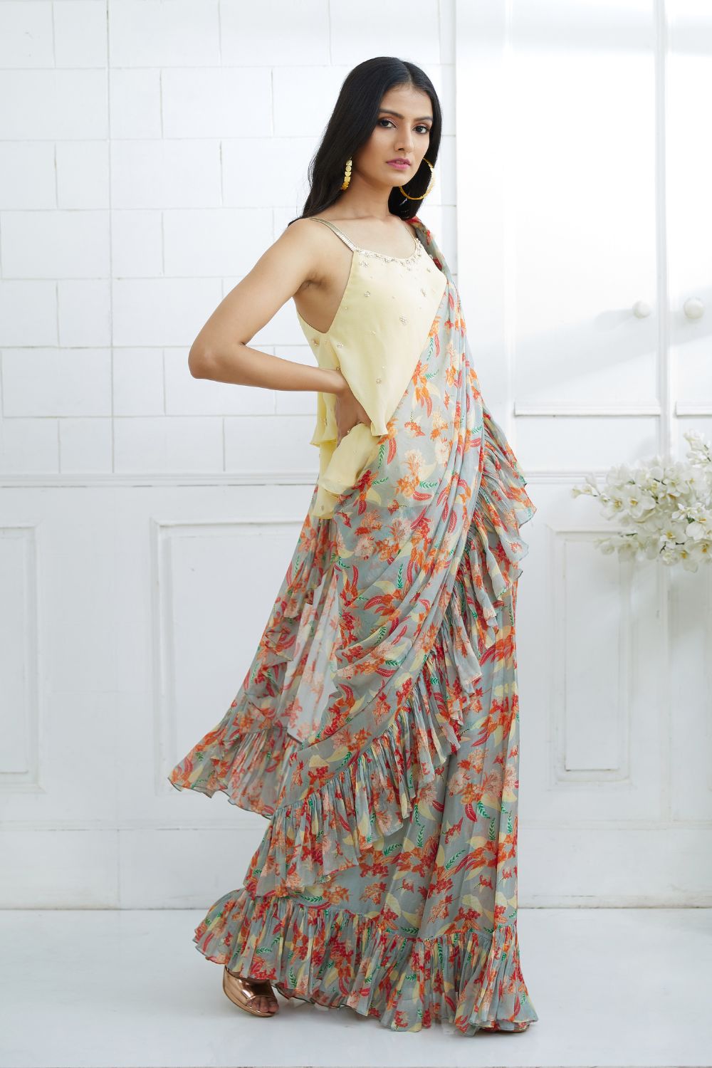 P. Yellow Strapy Embroidered Blouse With Grey Ruffle Saree