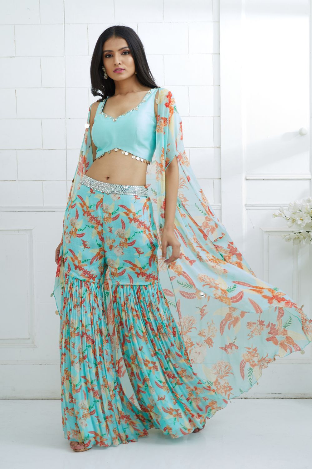 Aqua Embroidered Blouse With Printed Sharara And Cape