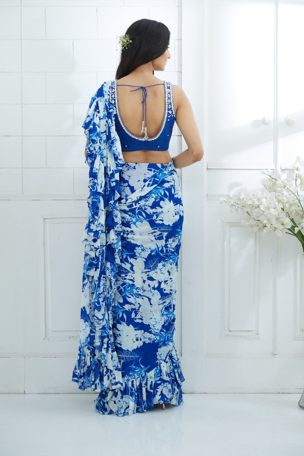 Blue Embroidered Blouse With Printed Ruffle Saree
