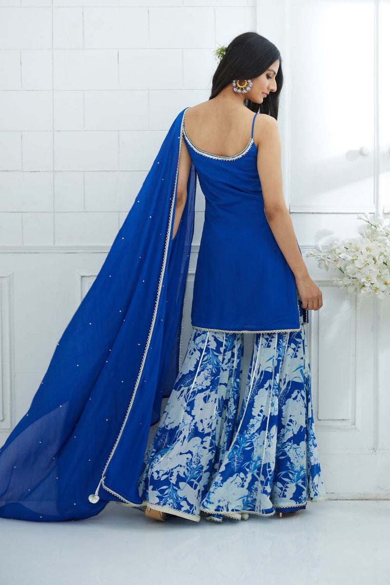 Royal Blue Embroidered Kurta and Sharara Set