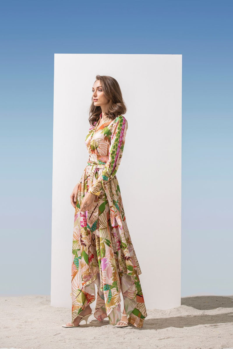 Satin multi green printed dress