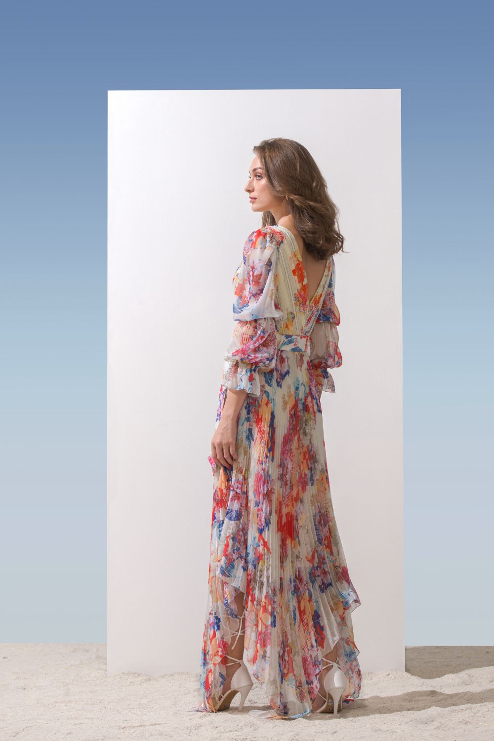 Chiffon Multi Printed Dress With Pleated Bottom