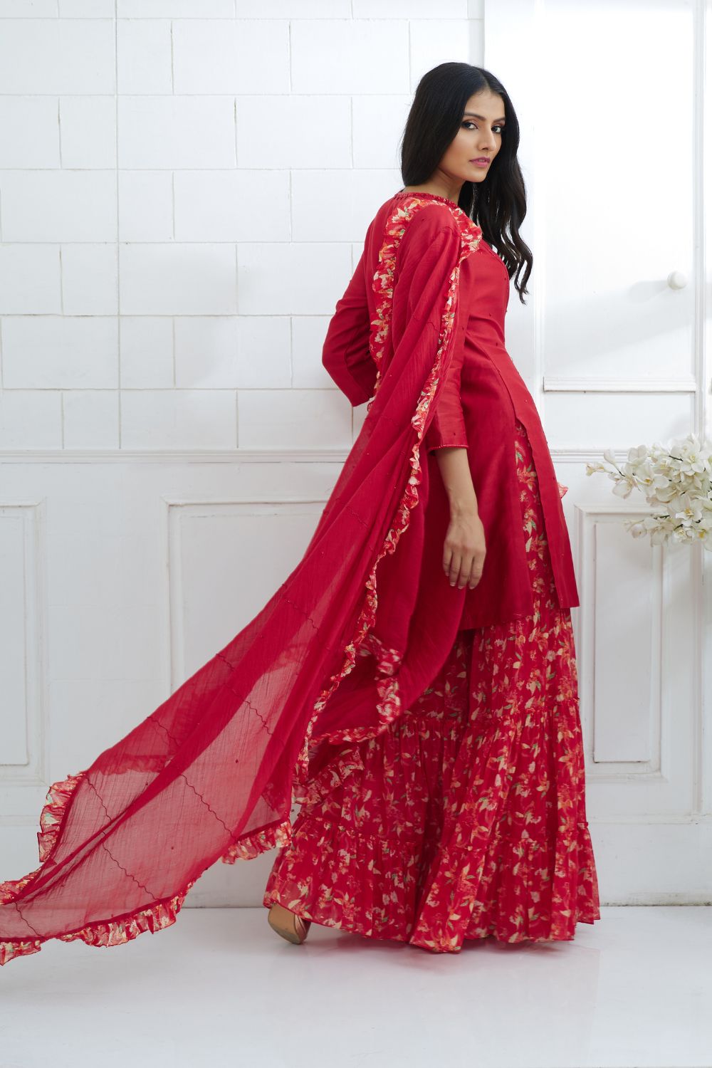 Red Embroidered Kurta With Tiered Sharara And Dupatta