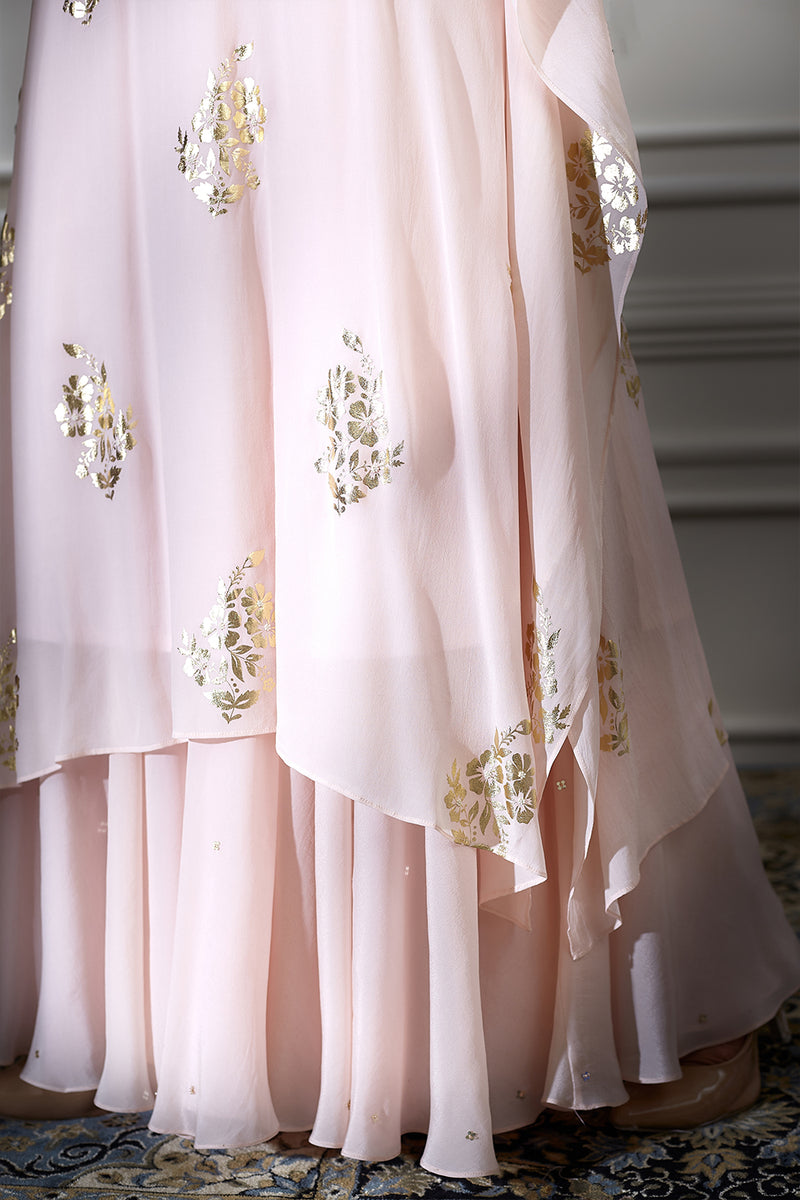 Peach Foil Printed Embellished Kaftan With Sharara
