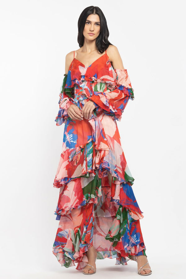 Red chiffon tiered maxi Dress