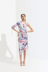 Iris Printed One Off Shoulder Short Dress